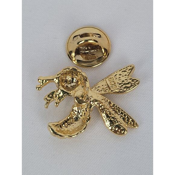 Vintage SC Signed Gold Tone Bee with Green CZ Eyes Brooch Shoulder Pin - Picture 4 of 5
